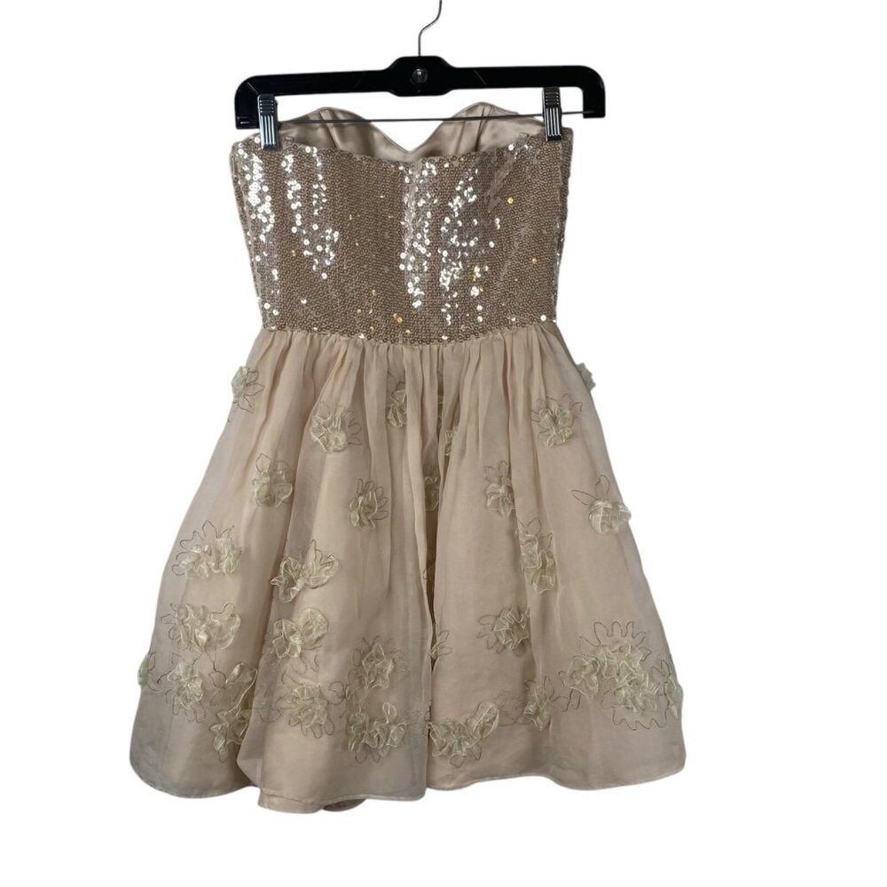 Betsey Johnson Dress Womens Pink Sz 0 Silk Strapless Sequins Flowers Dainty Prom - Picture 2 of 15